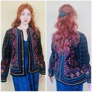 1980s Vintage Black Velvet Jacket / 80s / Eighties Quilted Paisley XL